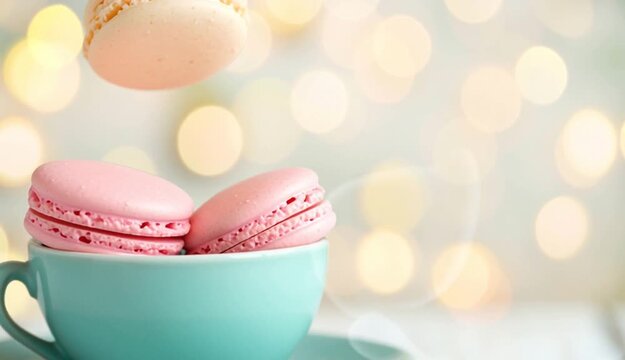 Pastel macarons in mint turquoise teacup on saucer, pink and cream colored french macarons stacked inside cup