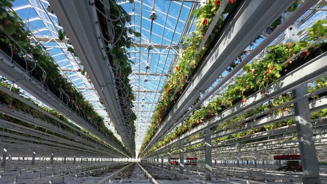 Drone moving along strawberry greenhouse corridor