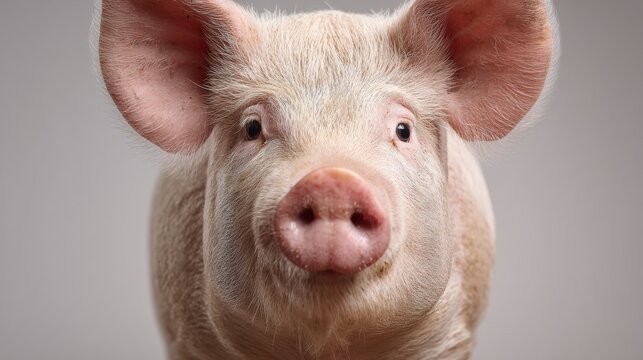 pig calm gaze, neutral background, humane farming ad