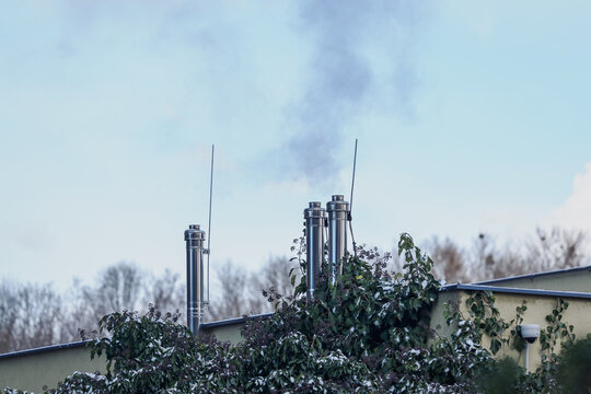 Three stainless‑steel smoking chimneys and lightning rods with growing ivy by a snowy wall.
