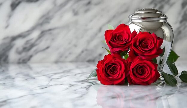 Metal marble cremation urn and three fresh red roses lying on white marble surface, soft blurred white textured wall