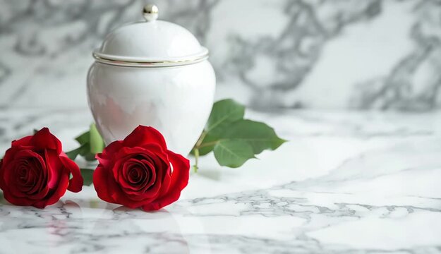 White marble cremation urn and three fresh red roses lying on white marble surface, soft blurred white textured wall