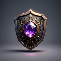 An ornate shield with a large purple gemstone in the center, surrounded by intricate metalwork and a subtle shadow