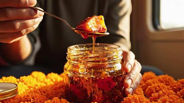 Close-up of Hands Scooping Spicy Indian Pickle From a Glass Jar Surrounded by Orange Marigold Flowers With Warm Sunlight Backlighting