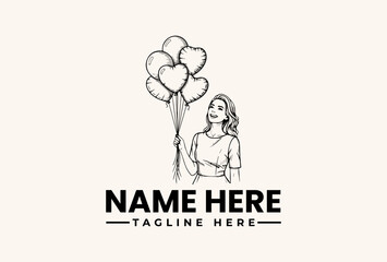 Obraz premium A woman holding heart-shaped balloons with a logo and text placeholder in a simple, line-drawn illustration on a beige background.