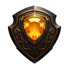 A black and gold shield emblem with a glowing gemstone on a white background isolated on white background