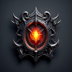 A dark fantasy emblem with glowing red center and intricate metal design on a dark background