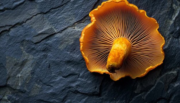 Single orange chanterelle mushroom photographed from below showing detailed gill structure, underside view with radiating lines from center