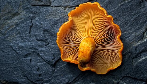Single orange chanterelle mushroom photographed from below showing detailed gill structure, underside view with radiating lines from center