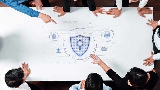 A group of professionals engaged in a collaborative meeting focused on cybersecurity strategies, emphasizing data protection and digital safety in today workplace. Raster