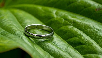 Elegant wedding ring resting on a vibrant green leaf.