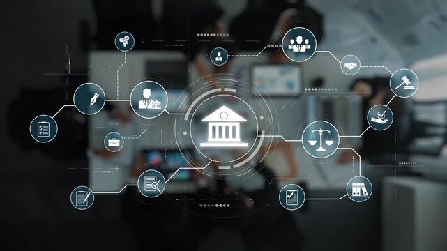 This image illustrates a digital network concept integrating legal services, business collaboration, and technology in a modern office environment. Raster