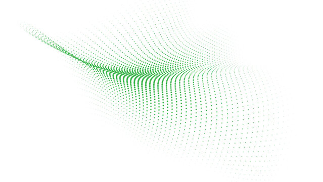 Green halftone dot wave pattern with smooth motion, abstract particle background for eco technology themes, modern data visualization and creative digital design