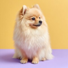 Obraz premium pomeranian sitting quietly, clean pastel background, copy-friendly