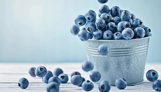 Fresh blueberries in galvanized metal bucket, overflowing with ripe blue berries, silver zinc pail with ridged texture

