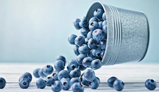 Fresh blueberries in galvanized metal bucket, overflowing with ripe blue berries, silver zinc pail with ridged texture
