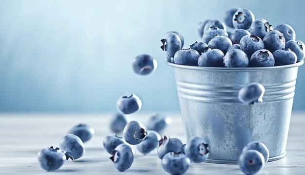 Fresh blueberries in galvanized metal bucket, overflowing with ripe blue berries, silver zinc pail with ridged texture
