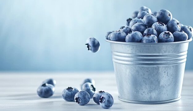 Fresh blueberries in galvanized metal bucket, overflowing with ripe blue berries, silver zinc pail with ridged texture
