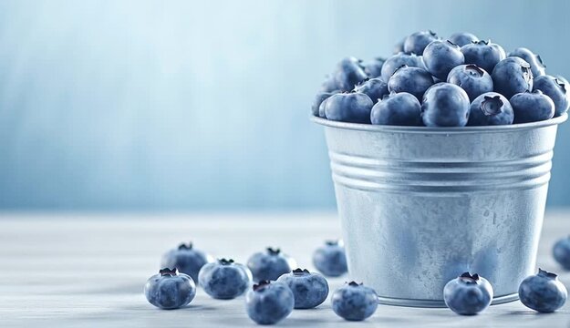 Fresh blueberries in galvanized metal bucket, overflowing with ripe blue berries, silver zinc pail with ridged texture
