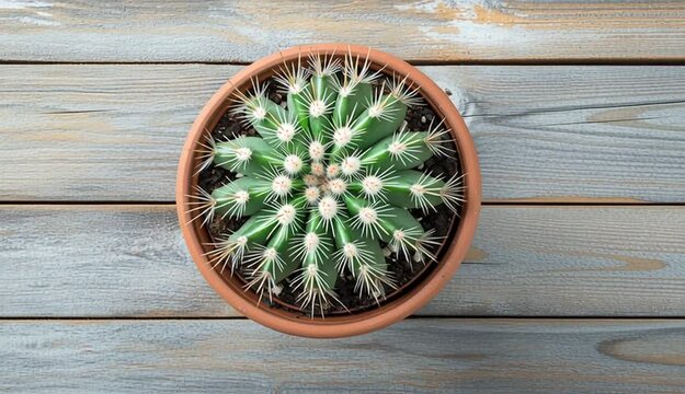 Top down overhead view of green barrel cactus in brown pot, star-shaped succulent with white spines radiating from center