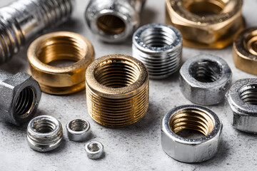 Obraz premium Various metal nuts and bolts arranged on a surface for tools and hardware display or inventory check