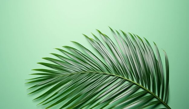 Single tropical palm leaf gracefully arching from right side, long curved palm frond with detailed parallel lines, light mint green to dark green gradient background