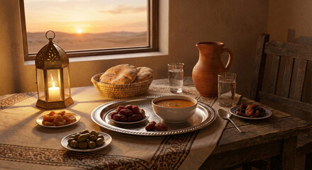 Fototapeta premium Warm Iftar Table With Lantern Under Desert Sunset
