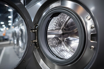 Washing machine drum shows shiny interior with clear lighting in a modern laundry space