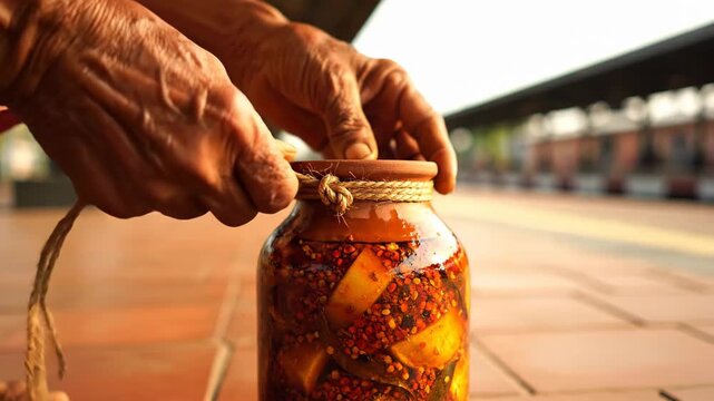 Elderly Hands Secure Clay Pot Lid Tied With Rope On Jar Of Traditional Indian Mango Pickle With Spices And Oil In Warm Sunlight Outdoors
