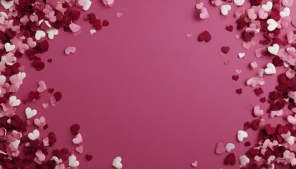 Obraz premium Numerous small heart-shaped decorations frame a solid magenta background with copy space.