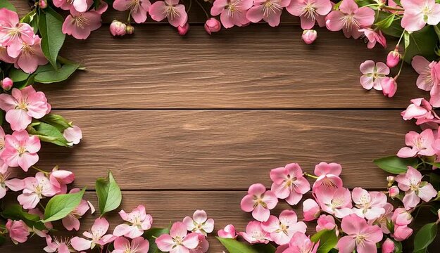 Pink spring cherry blossoms and apple blossoms arranged as frame border around edges, flowers with green leaves forming decorative border, rustic brown wooden plank background