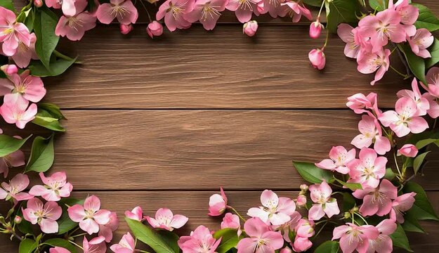 Pink spring cherry blossoms and apple blossoms arranged as frame border around edges, flowers with green leaves forming decorative border, rustic brown wooden plank background