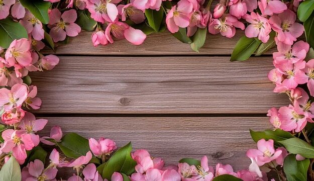 Pink spring cherry blossoms and apple blossoms arranged as frame border around edges, flowers with green leaves forming decorative border, rustic brown wooden plank background