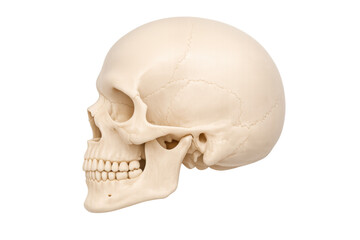 Human skull bone anatomy showing side profile of cranium, mandible, and teeth on transparent background