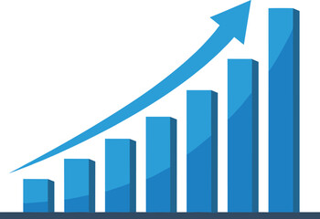 A blue bar graph with an upward trend arrow illustrating business growth and success in a corporate environment from a front viewpoint