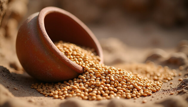 Clay pot spilling golden seeds on sandy ground, showcasing a scene inspired by the parable of the sower. Golden seeds scattered elegantly, highlighting themes of growth and potential.
