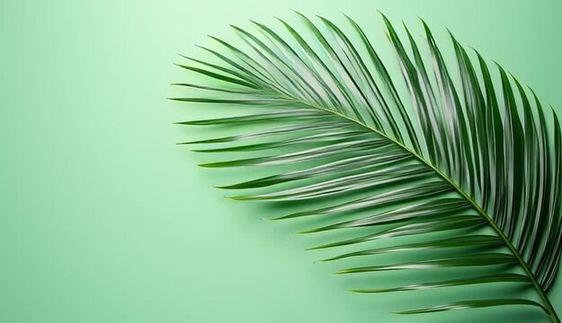 Single tropical palm leaf gracefully arching from right side, long curved palm frond with detailed parallel lines, light mint green to dark green gradient background