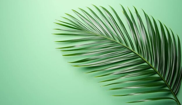 Single tropical palm leaf gracefully arching from right side, long curved palm frond with detailed parallel lines, light mint green to dark green gradient background