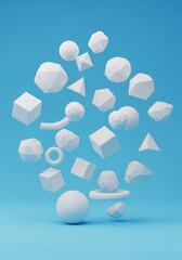 Abstract light blue background presenting a serene scene of many white geometric shapes floating and drifting softly through the vast three-dimensional space, polyhedron, prism, abstract
