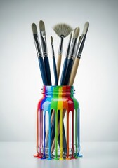 Assorted professional paintbrushes standing upright in a clear glass jar covered in vibrant, thick, multicolored paint drips, yellow, vibrant, drawing