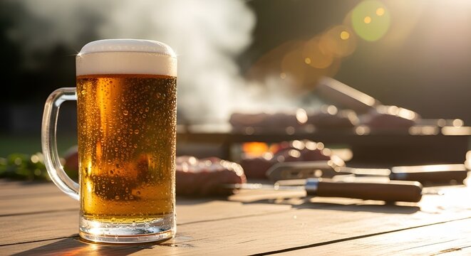 Cena de churrasco no quintal com copo de cerveja gelada em primeiro plano, fuma&ccedil;a da grelha ao fundo, luz natural quente e sem rostos vis&iacute;veis