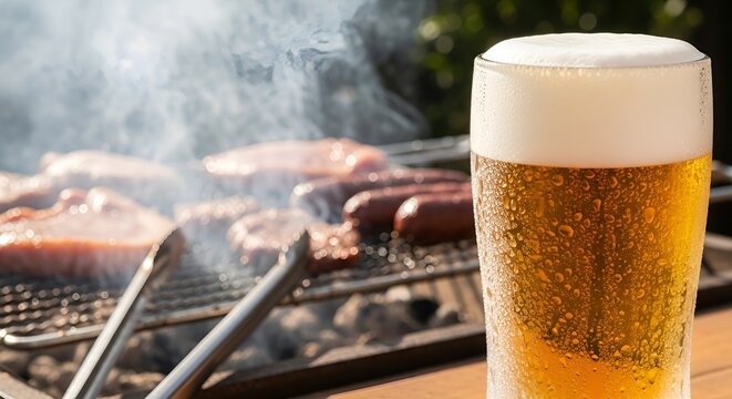 Cena de churrasco no quintal com copo de cerveja gelada em primeiro plano, fuma&ccedil;a da grelha ao fundo, luz natural quente e sem rostos vis&iacute;veis