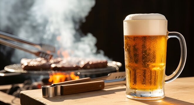 Cena de churrasco no quintal com copo de cerveja gelada em primeiro plano, fuma&ccedil;a da grelha ao fundo, luz natural quente e sem rostos vis&iacute;veis
