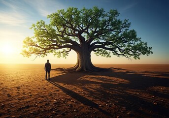 A figure standing on sunlit ground casting an immense shadow shaped like a lush, deeply rooted giant oak tree, symbolizing potential and natural growth, magnitude, expanding, potential