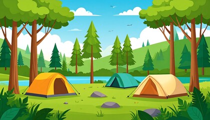 Camping Adventure - Tents by the River in a Forest Landscape.