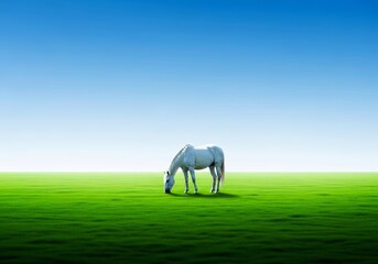 A majestic pure white horse grazes serenely in a vibrant green pasture under a clear blue sky, evoking calm, nature, and freedom, purity, daylight, sunny