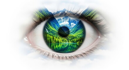 A massive, surreal eye looking outward. The iris and pupil contain a lush, green, tranquil nature scene featuring mountains and calm water, nature, tranquil, eyeball