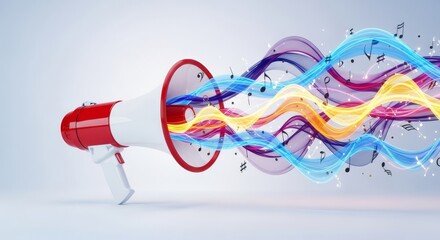 A powerful red and white megaphone projecting abstract, vibrant sound waves and musical energy, perfect for announcement concepts, digital, abstract, advertising