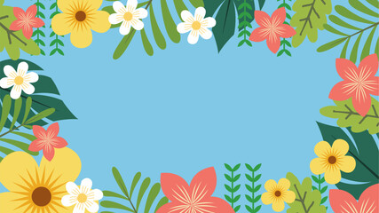 Obraz premium Spring Background. Spring season background. Cartoon Vector illustration design for Poster, Banner, Flyer, Greeting, Card, Cover, Post, Promotion. beautiful and colorful plants, leaves and flowers. 