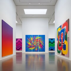 A vast, minimalist gallery space featuring enormous, vibrant abstract paintings. Dramatic lighting highlights the texture and scale of the contemporary artwork